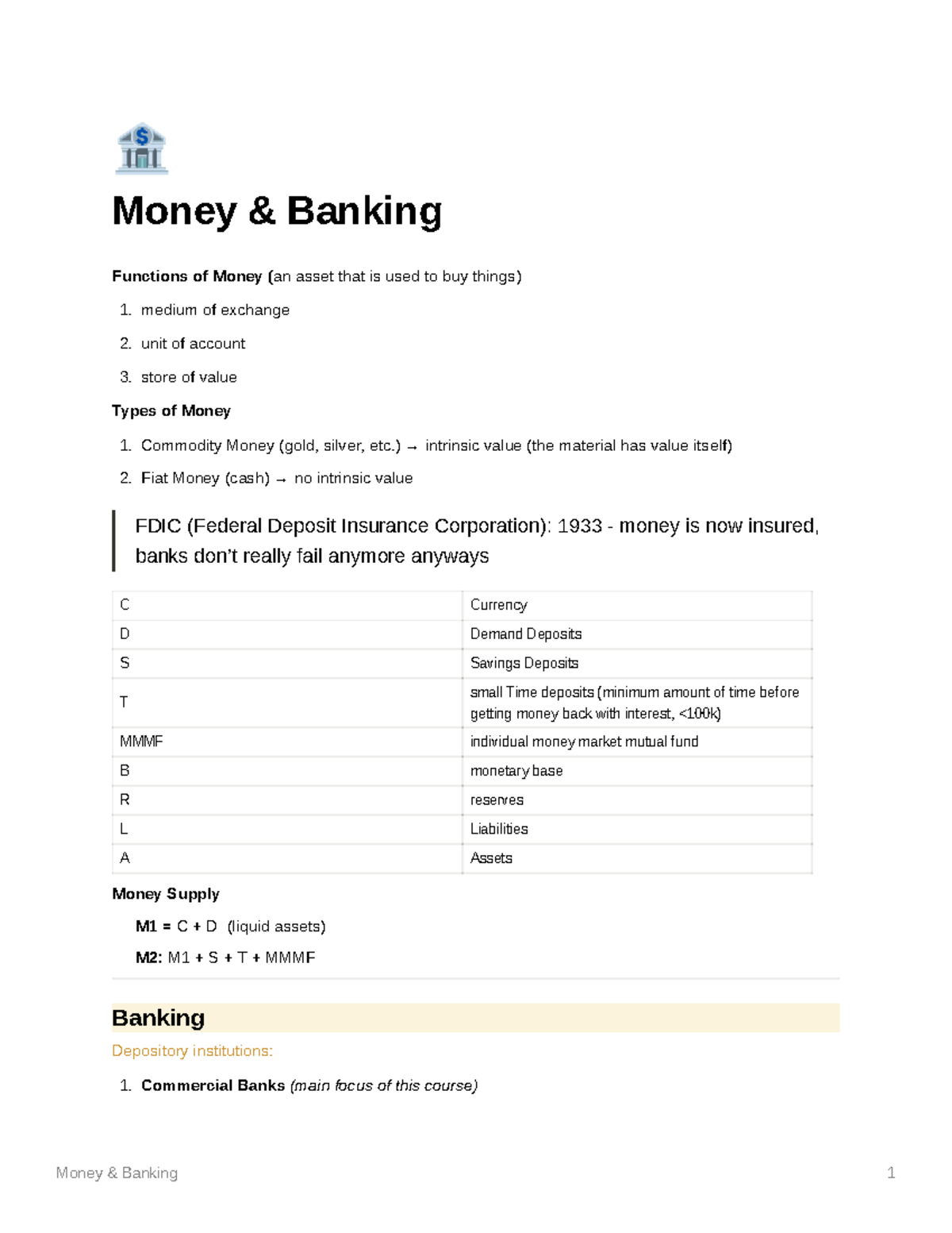 Money and Banking Ö Money & Banking Functions of Money (an asset that
