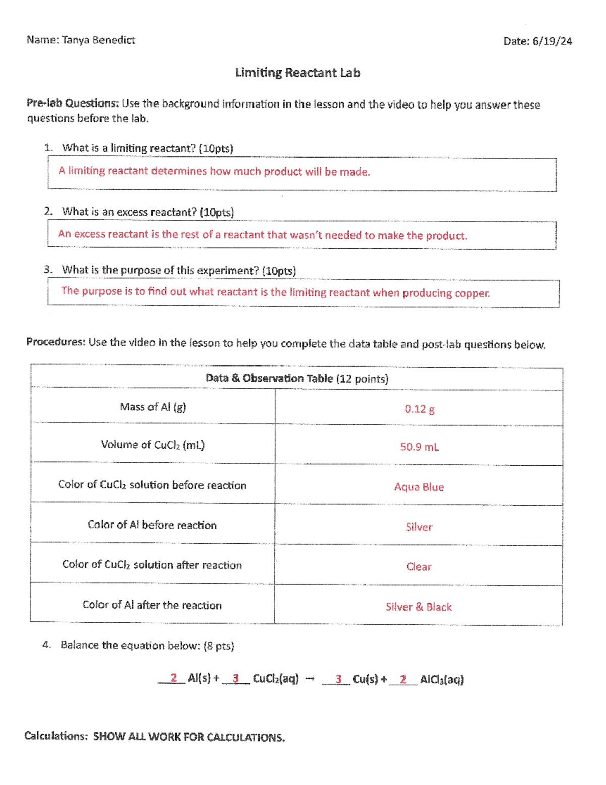 Limiting Reactant Lab - 1. What is a limiting reactant? (10pts) A ...