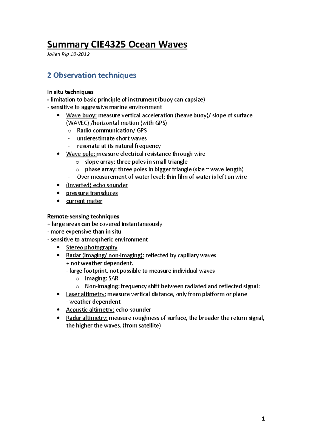 Summary Ocean Waves: Complete - Summary CIE4325 Ocean Waves Jolien Rip ...