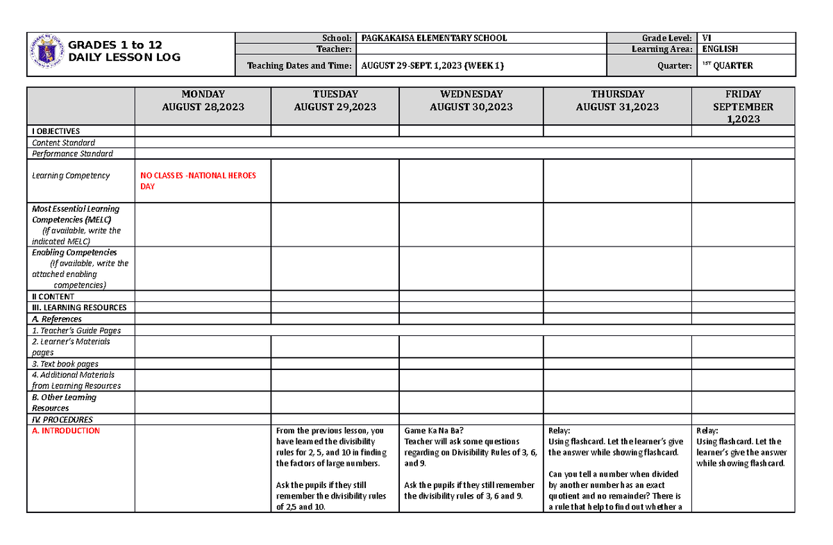 DLL English 6 Template - A sample copy of DLL - GRADES 1 to 12 DAILY ...