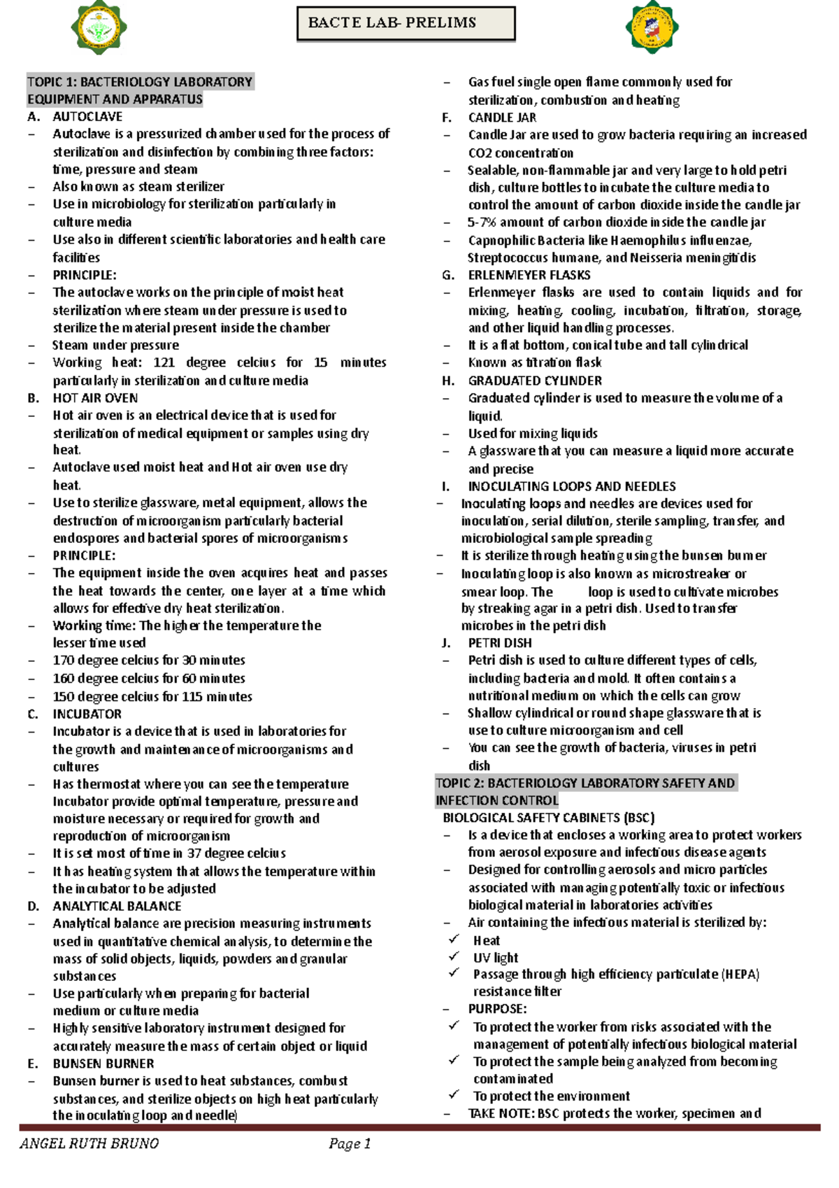 Bacte Lab- Trans - Uhf - Topic 1: Bacteriology Laboratory Equipment And 