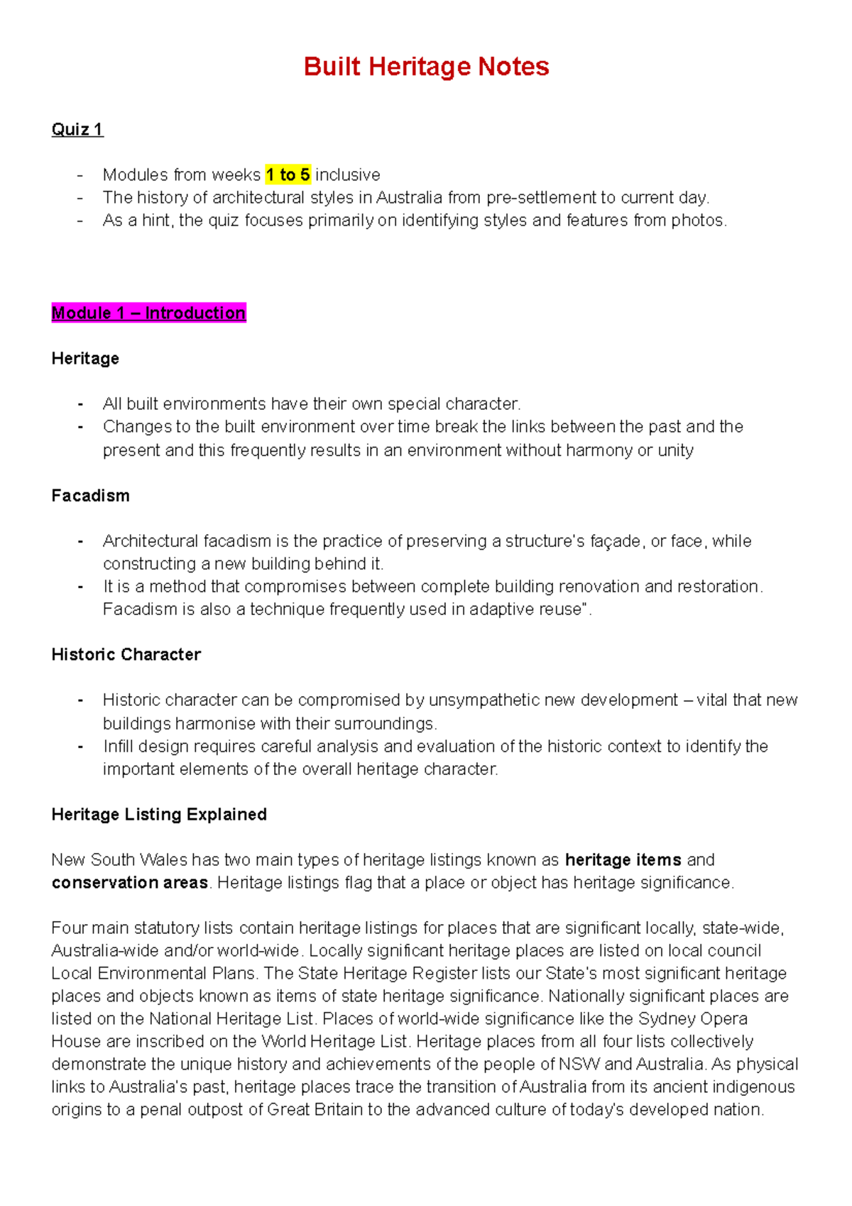 Built Heritage Lecture Notes Built Heritage Notes Quiz 1 Modules from weeks 1 to 5 inclusive