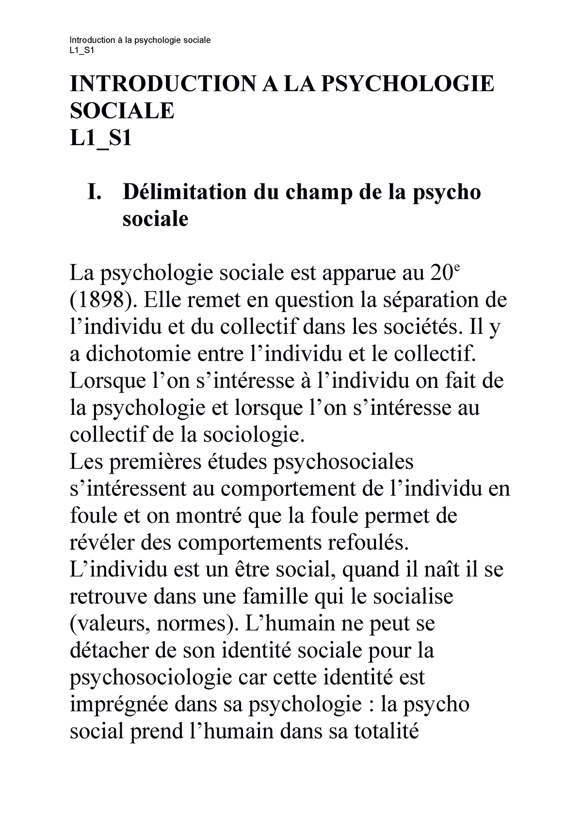 Psychologie Sociale - INTRODUCTION A LA PSYCHOLOGIE SOCIALE L1_S I ...