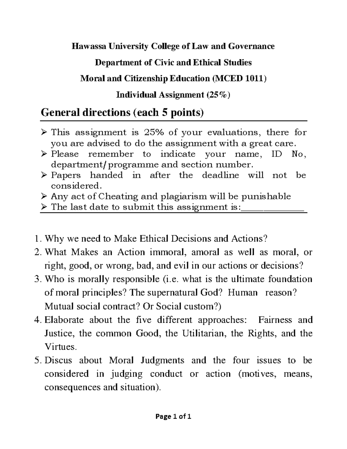 Assignment On Moral And Citizenship Education Page 1 Of 1 Hawassa