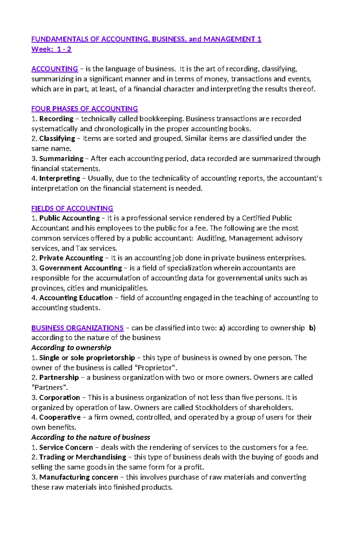 FABM1 Week 1 2 - Material notes - FUNDAMENTALS OF ACCOUNTING, BUSINESS ...