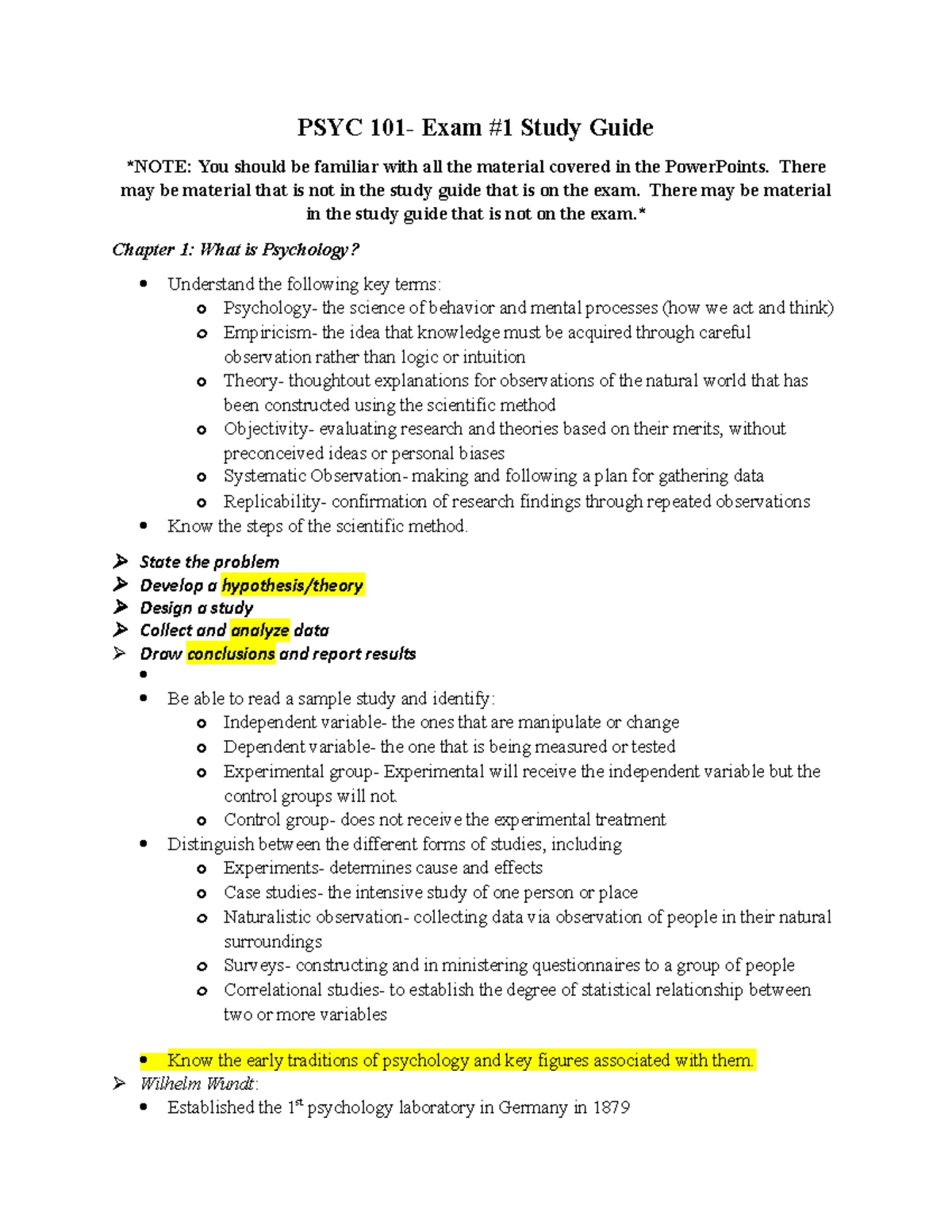 Exam #1 Study Guide Psy - PSYC 101- Exam #1 Study Guide NOTE: You ...