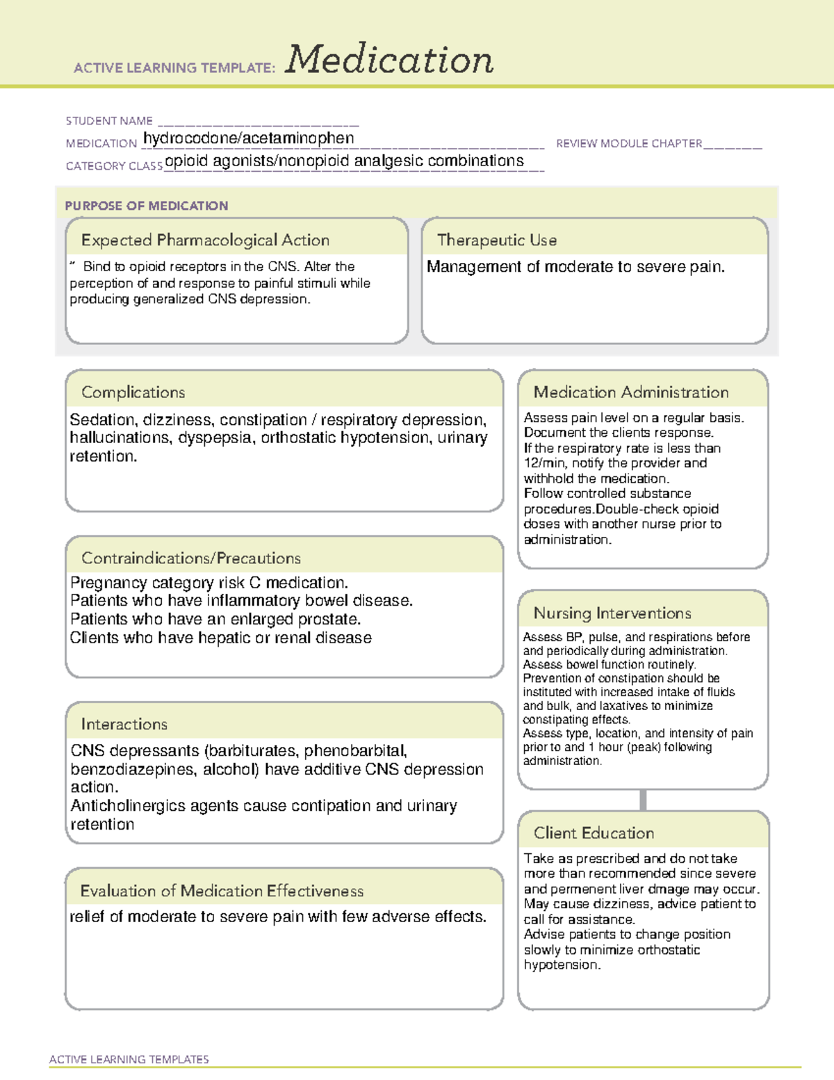 Medication card-norco - ACTIVE LEARNING TEMPLATES Medication STUDENT ...