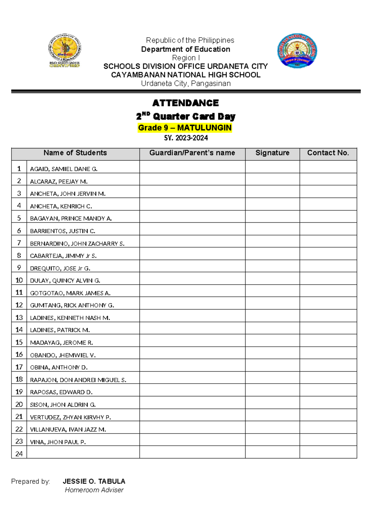 Attendance Card Day - Department of Education Region I SCHOOLS DIVISION ...