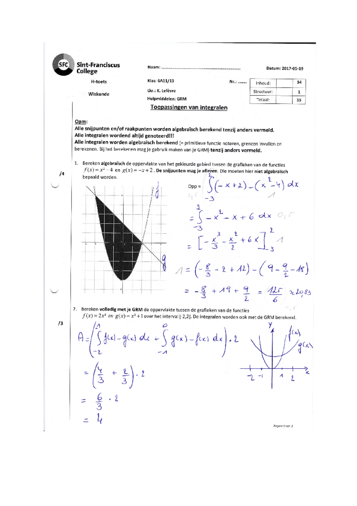 H-toets Wiskunde Toepassingen Van Integralen! - Wiskunde - Studocu