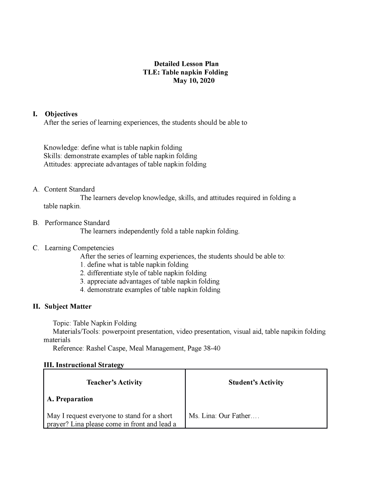 Detailed Lesson Plan 2 - STUDY NOTES - Detailed Lesson Plan TLE: Table ...