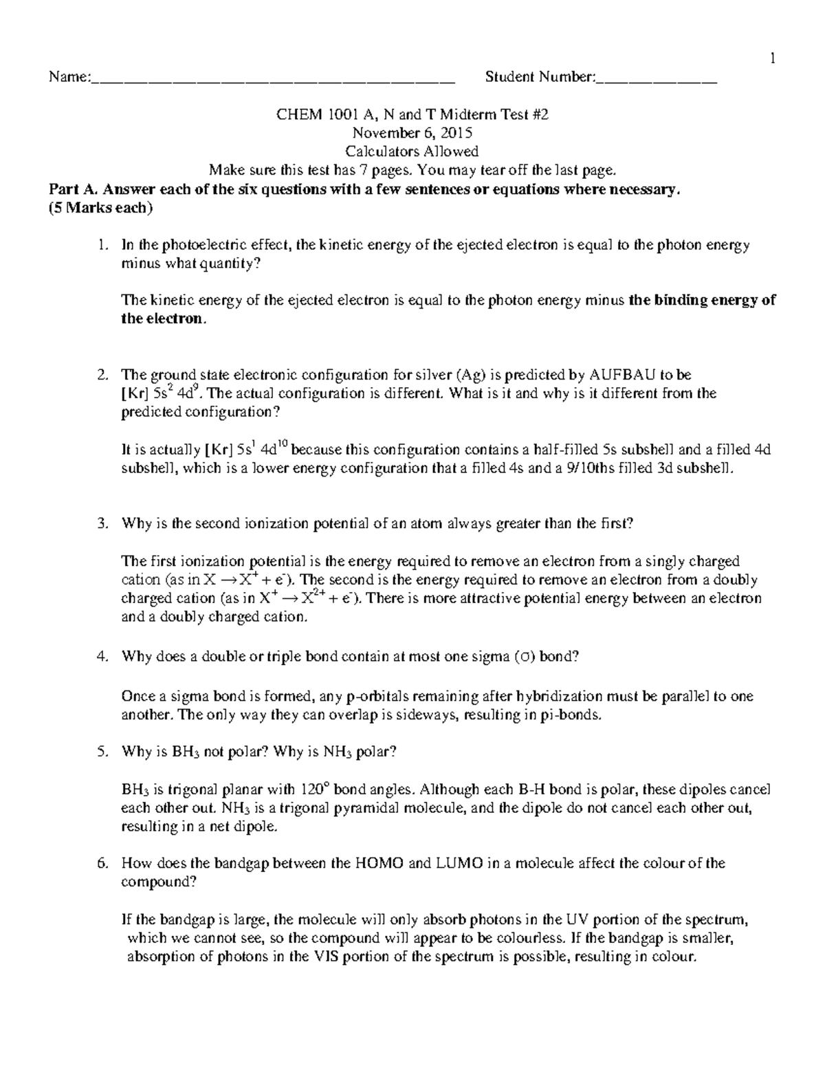 Midterm Test 2 2015, questions and answers - 1 Student CHEM 1001 A, N ...