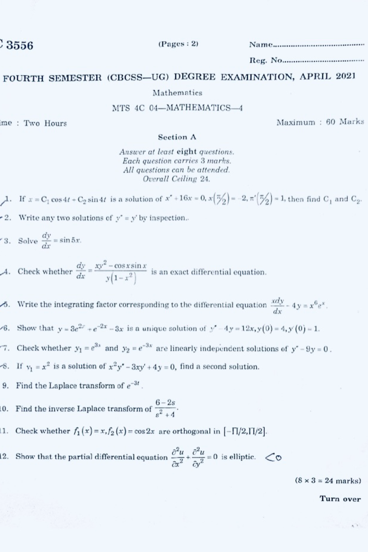 4th Semester Complimentary Maths - Bsc Maths - Studocu