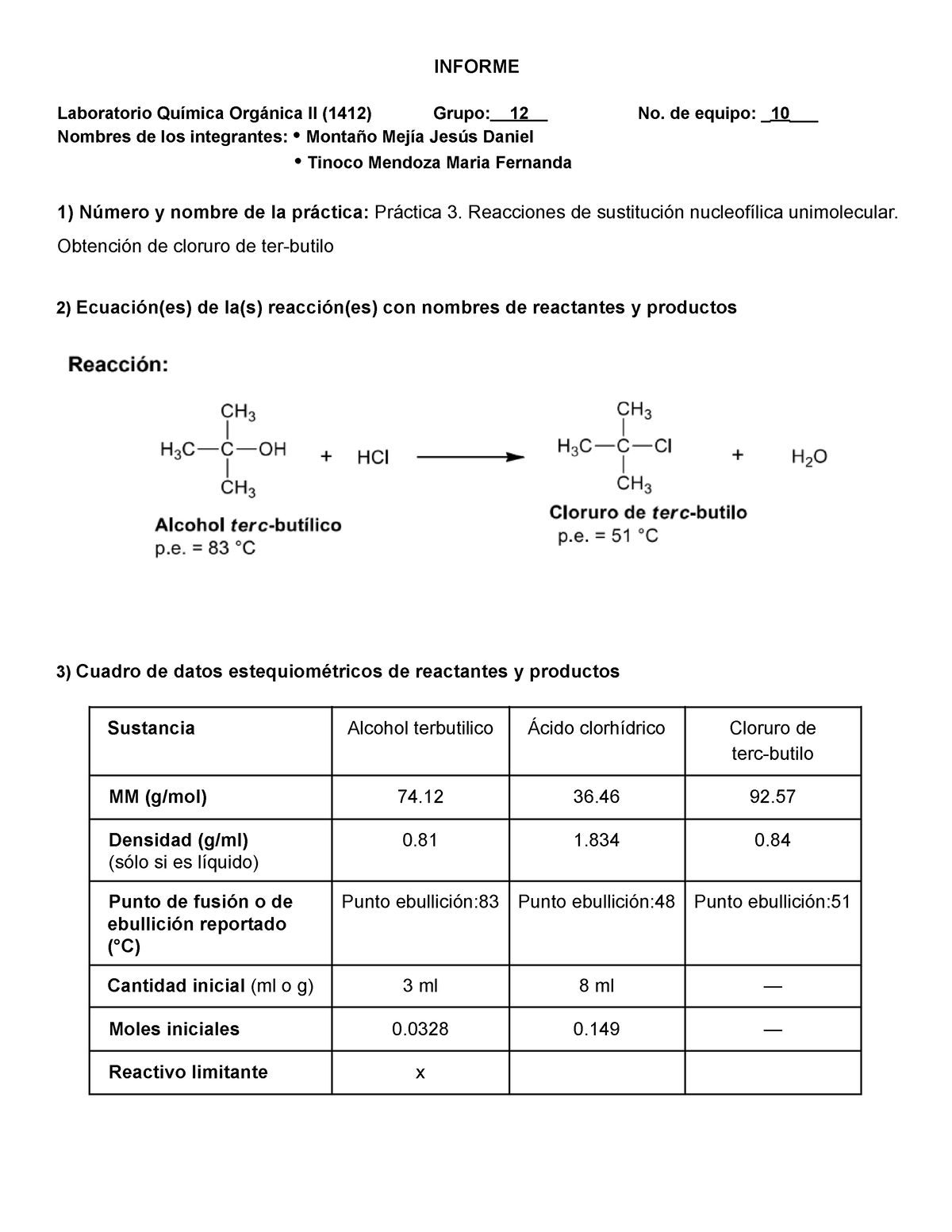 Práctica 3 Reacciones De Sustitución Nucleofílica Unimolecular Obtención De Cloruro De Ter 