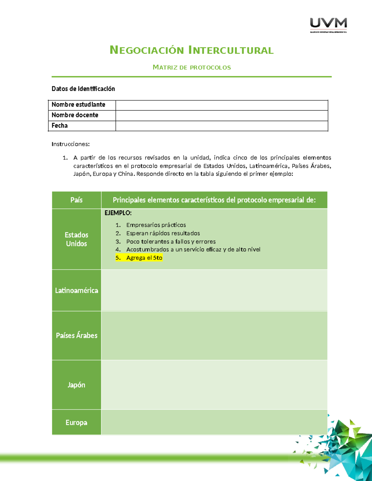 U4 Matriz A6 - Tarea - NEGOCIACIÓN INTERCULTURAL MATRIZ DE PROTOCOLOS ...