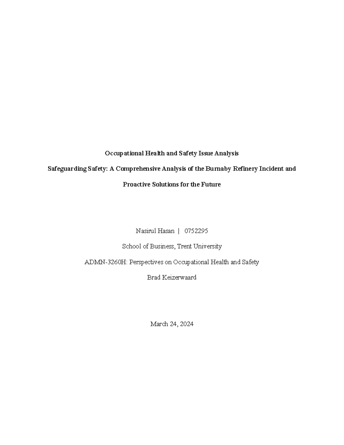Occupational Health and Safety Issue Analysis - Safeguarding Safety: A ...