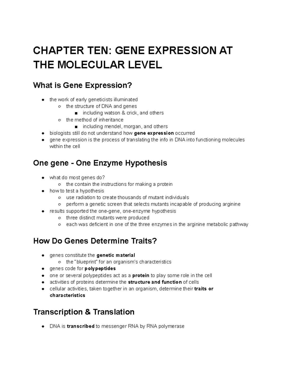 Bio 181 - bio 181H lecture notes - CHAPTER TEN: GENE EXPRESSION AT THE ...