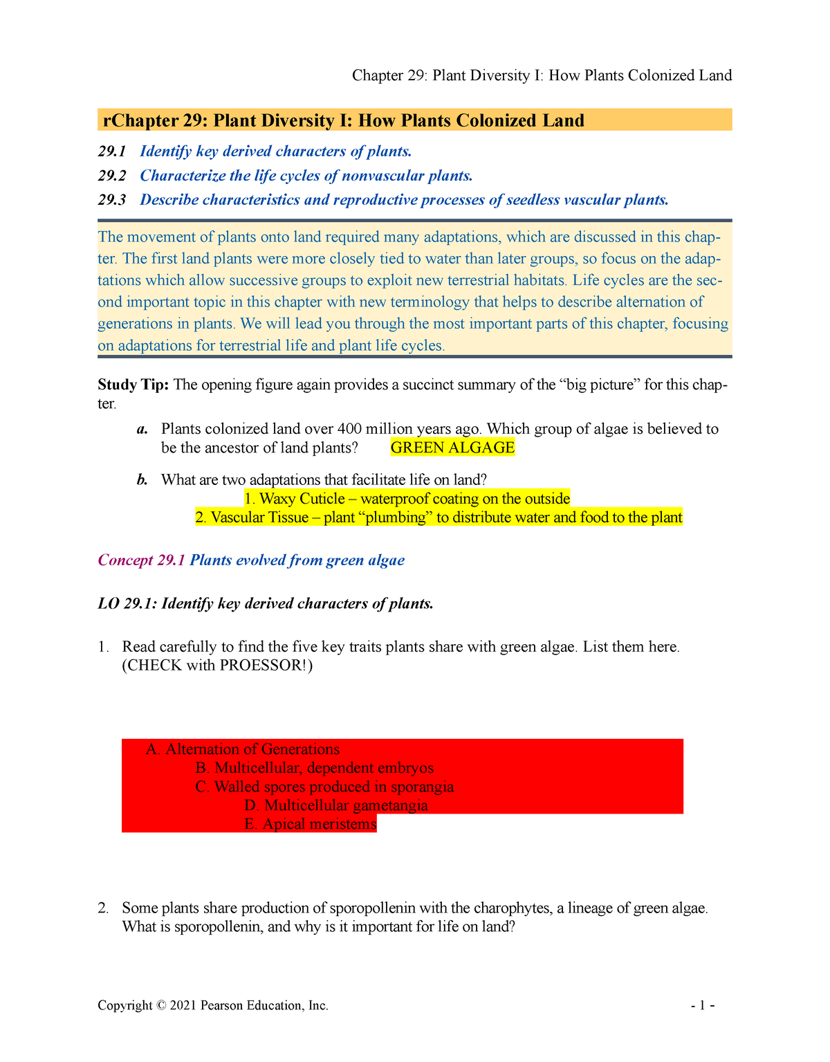 Bio12 ARG 29 Copy - Study Guide - RChapter 29: Plant Diversity I: How ...