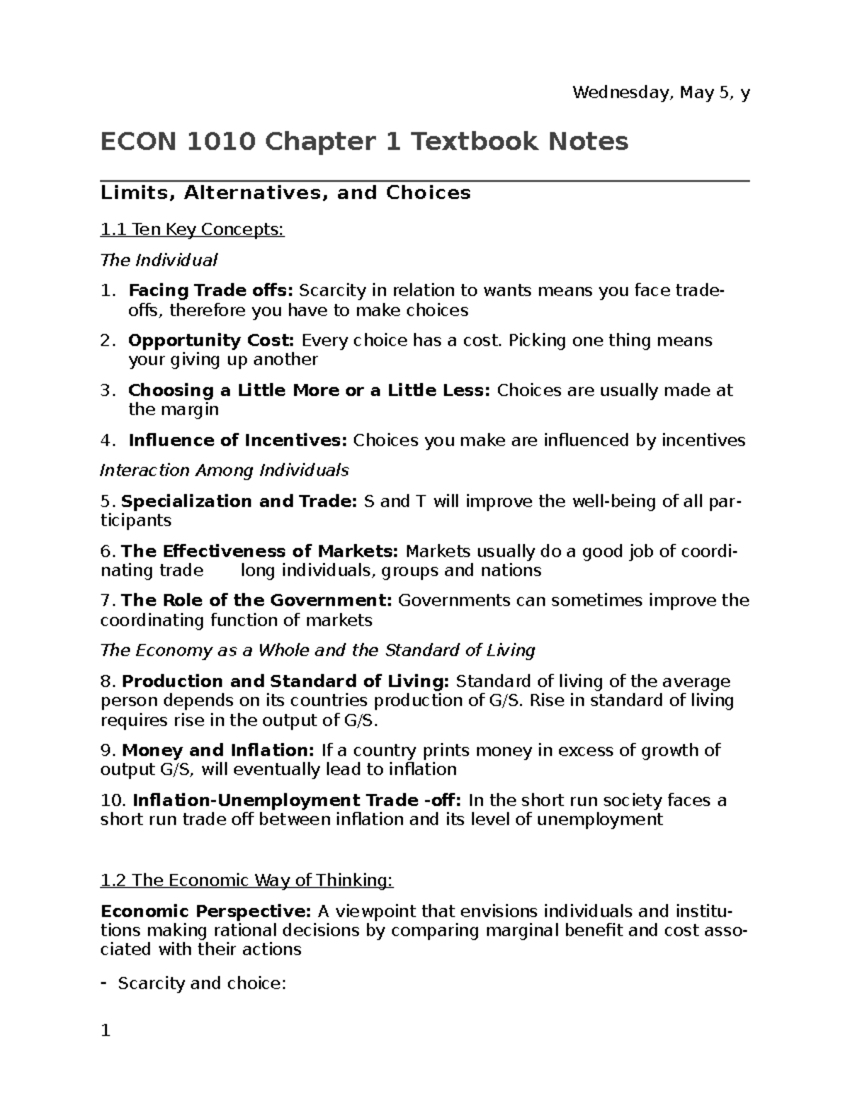 ECON 1010 Ch. 1 Textbook - ECON 1010 Chapter 1 Textbook Notes Limits ...