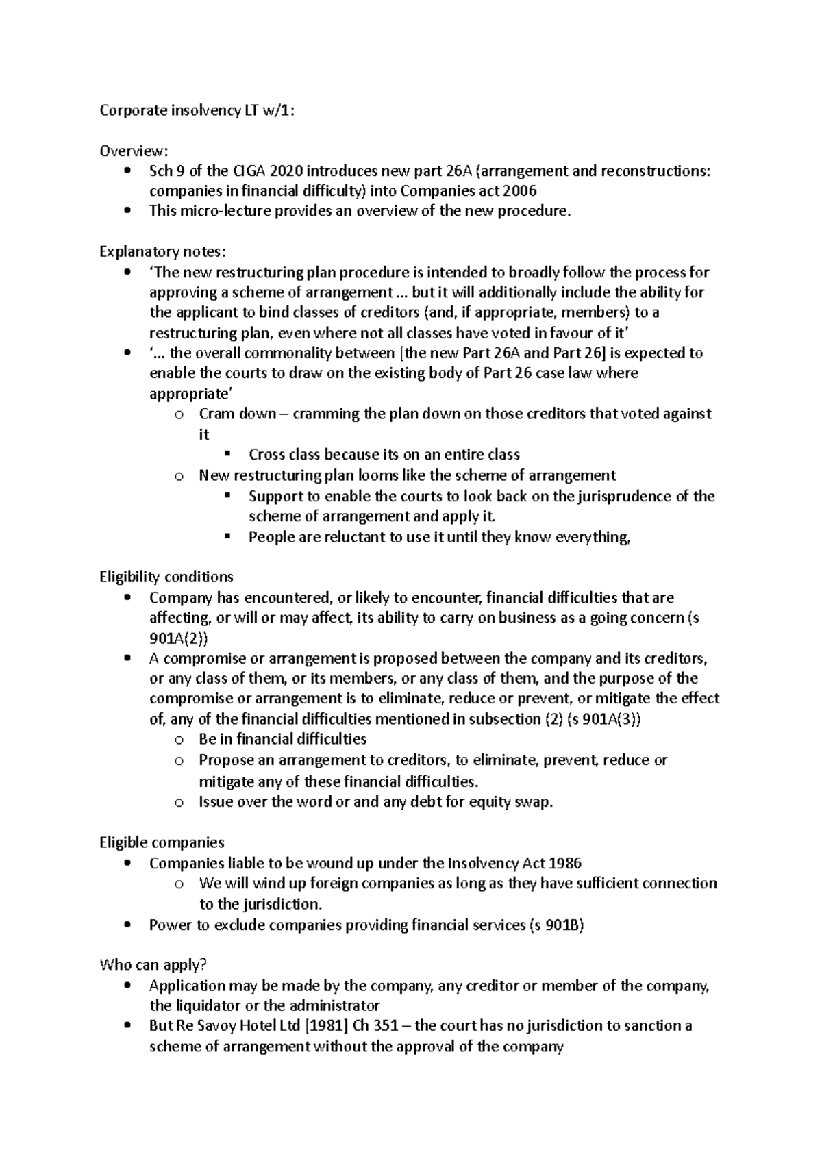 Corporate insolvency LT w1 - Corporate insolvency LT w/1: Overview: Sch ...