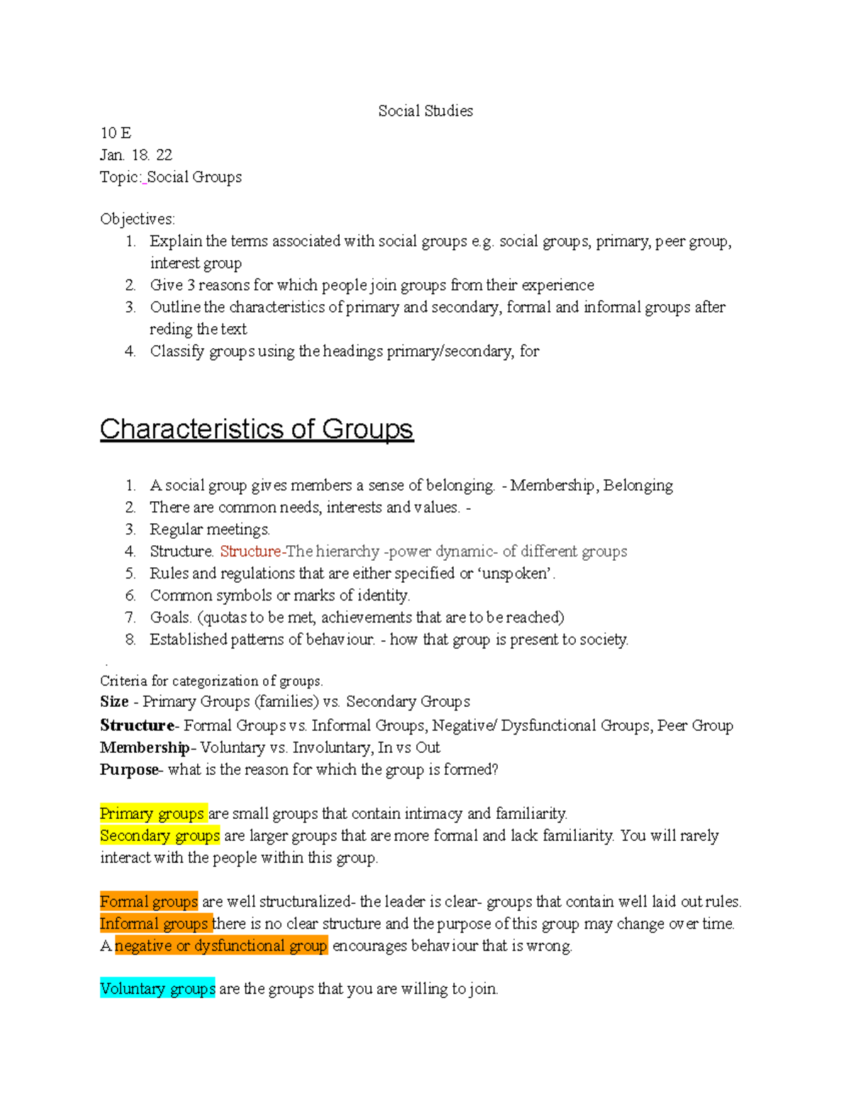 Social Studies Notes Social Studies 10 E Jan. 18. 22 Topic Social