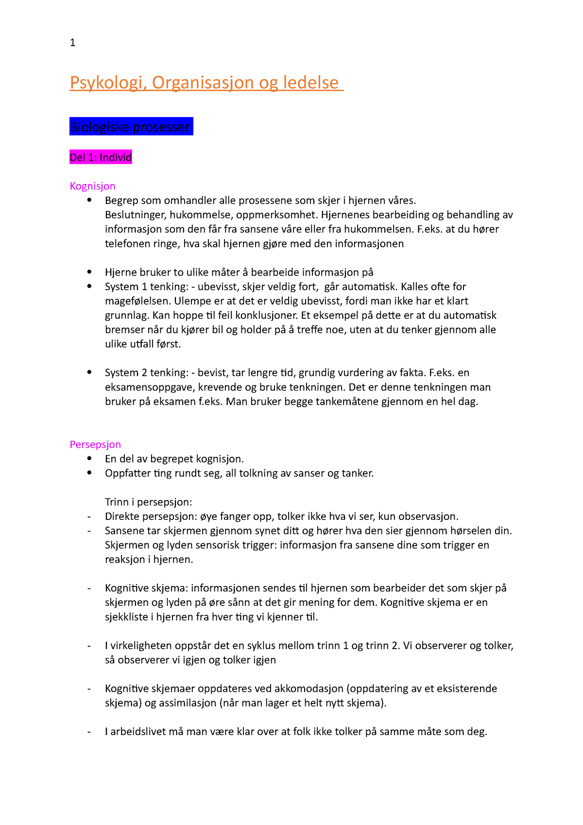 Eksamens Notater - Psykologi, Organisasjon Og Ledelse Biologiske ...