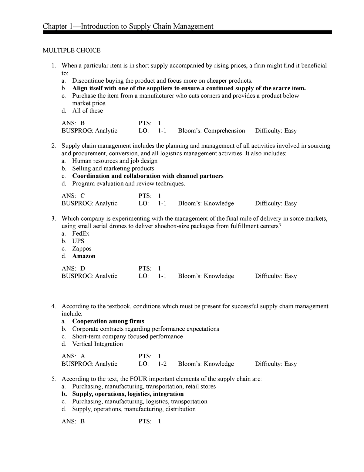 5e Chapter 1 Test Questions - Chapter 1—Introduction to Supply Chain ...