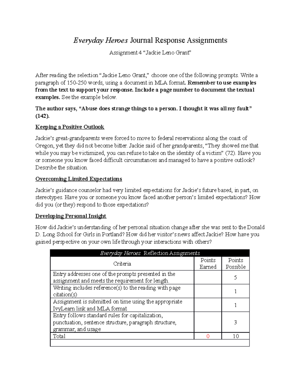 Assignment 4 Jackie Leno Grant - Everyday Heroes Journal Response ...
