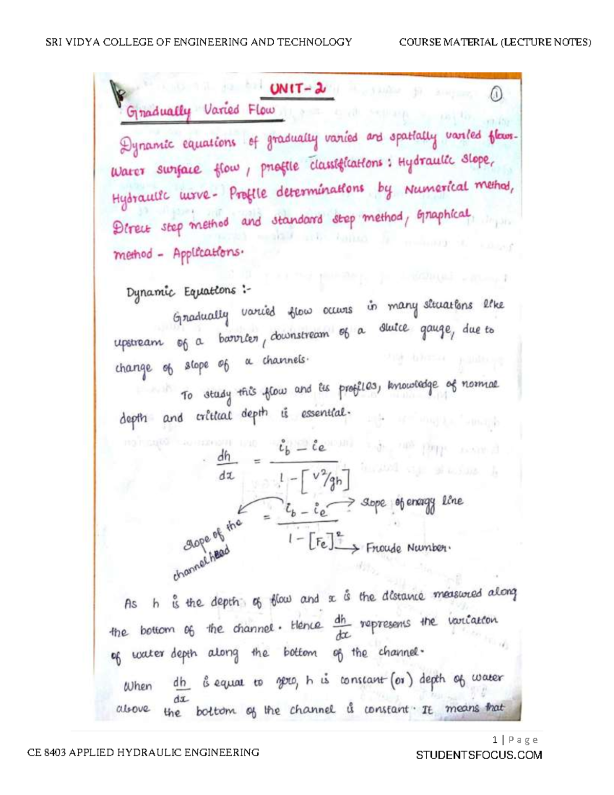 Hydraulic notes 2 - 1 | P a g e CE 8403 APPLIED HYDRAULIC ENGINEERING 2 ...