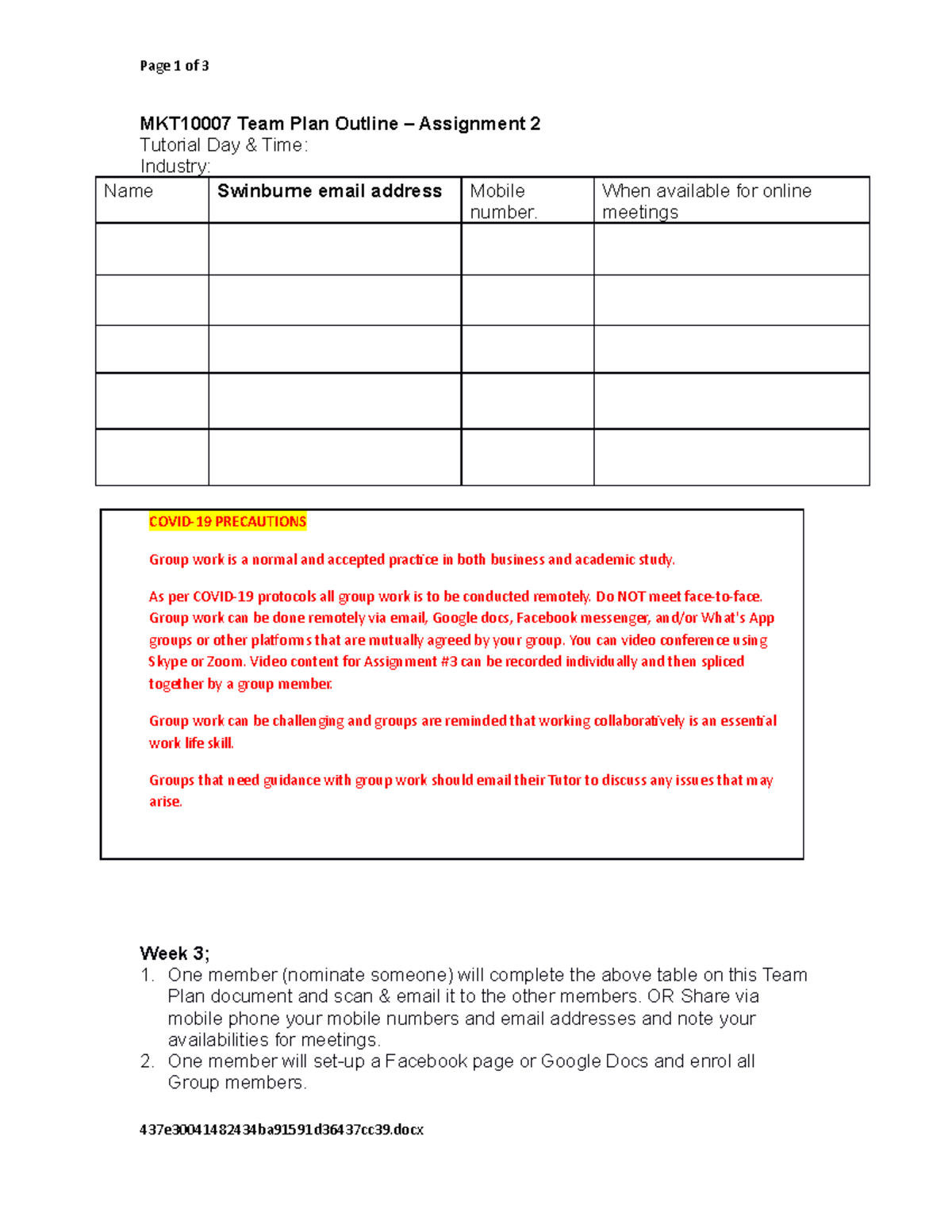 MKT10007 Team Plan Outline - Assignment 2 S2,20 - Page 1 of 3 Team Plan ...