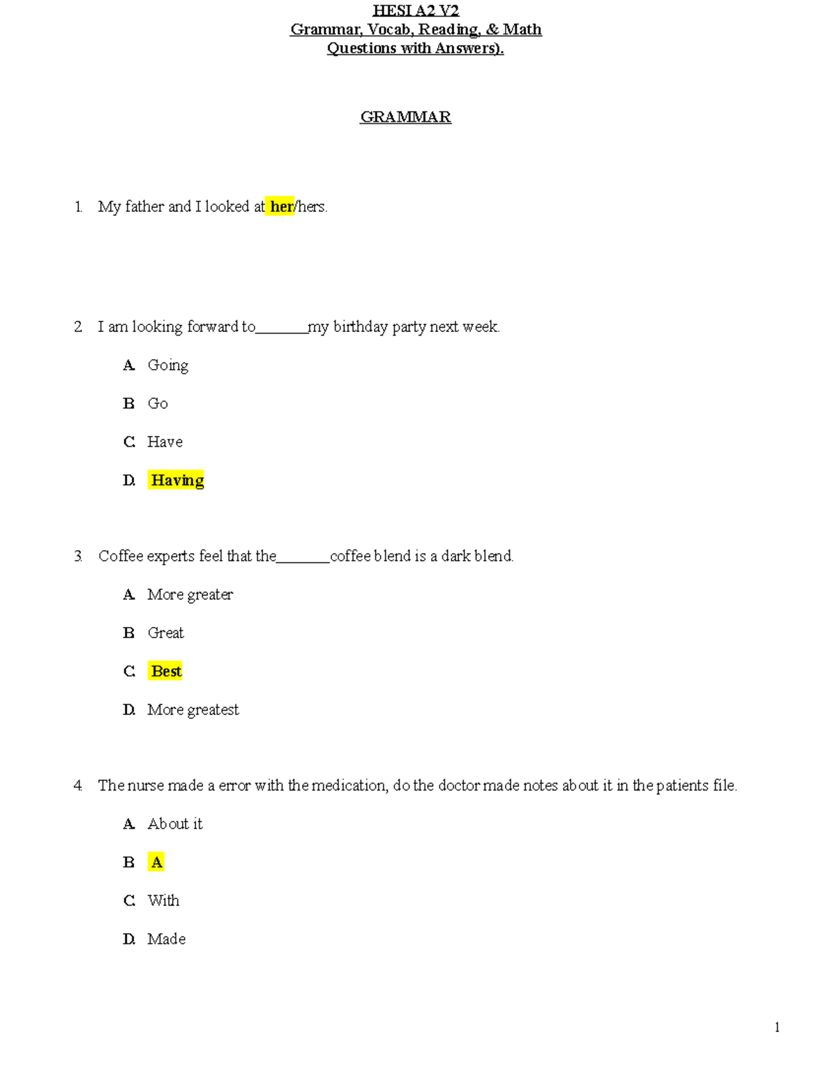 HESI A2 Version 2 Grammar Vocab Reading Math Study Guide - 1 Grammar ...