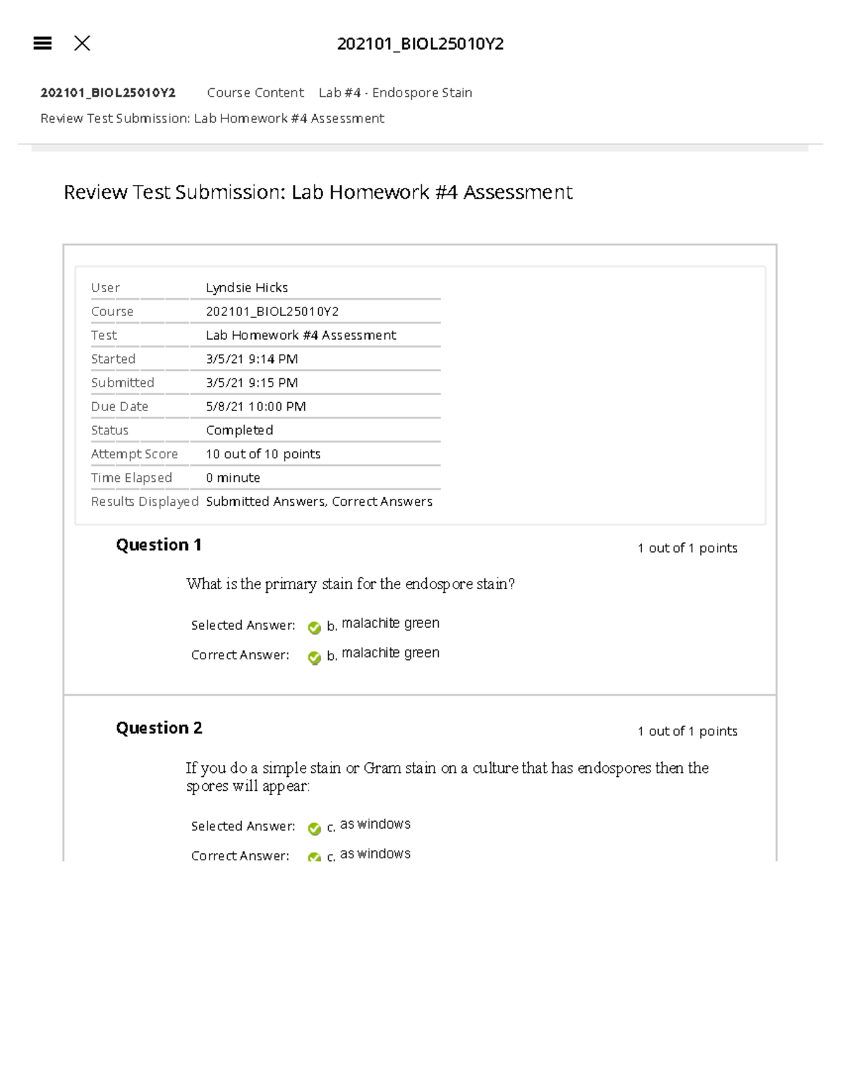 Lab 4 - Lab Assessment - 202101_BIOL25010Y Review Test Submission: Lab ...