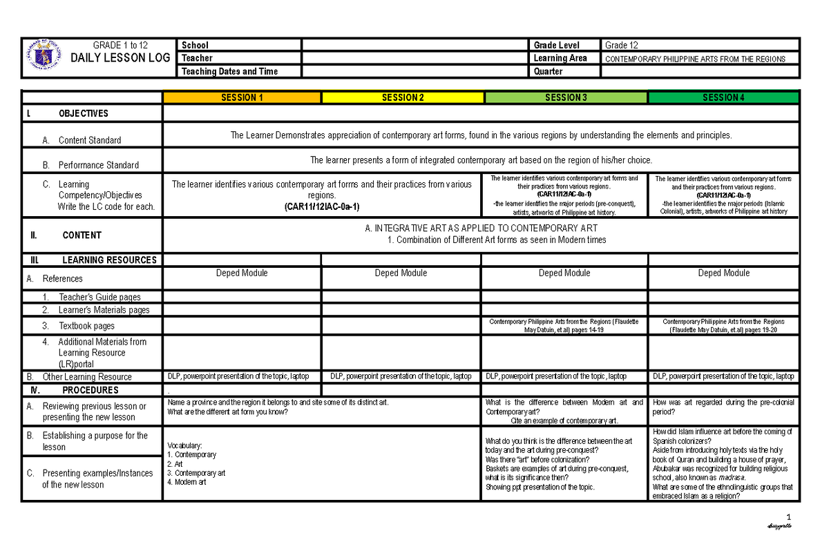 Week 1 - Note 2 - GRADE 1 to 12 DAILY LESSON LOG School Grade Level ...