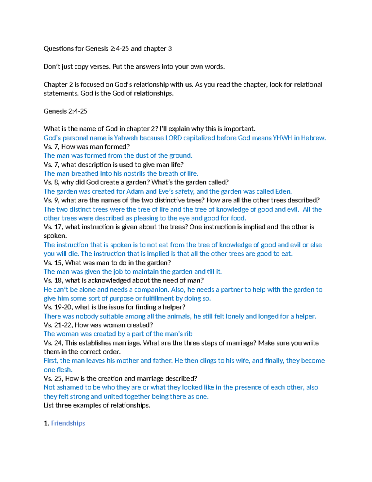 Class Questions for Genesis 2-3 - Questions for Genesis 2:4-25 and ...