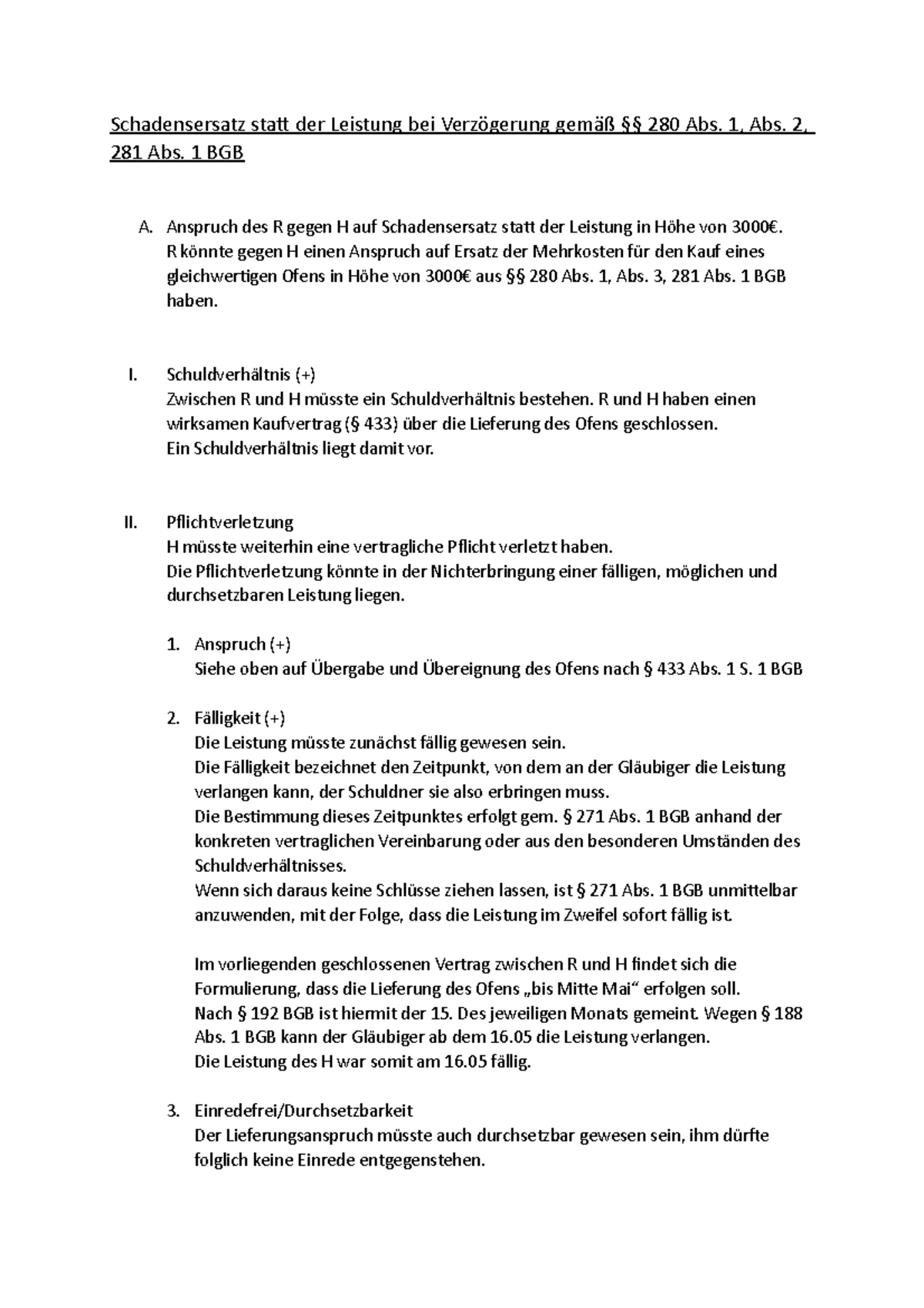 Schadensersatz Statt Der Leistung - 1, Abs. 2, 281 Abs. 1 BGB A ...