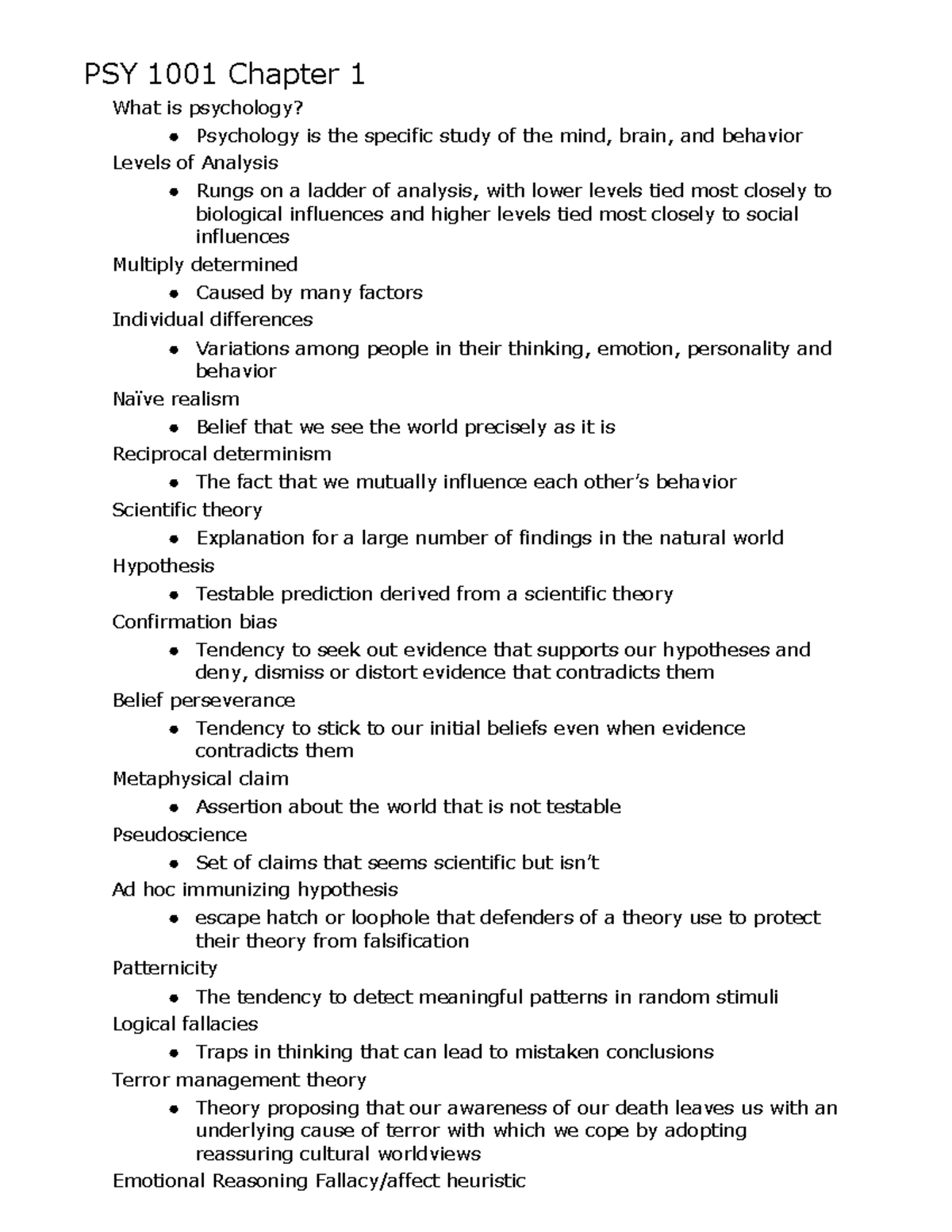 PSY 1001 Chapter 1 Notes - PSY 1001 Chapter 1 What Is Psychology ...