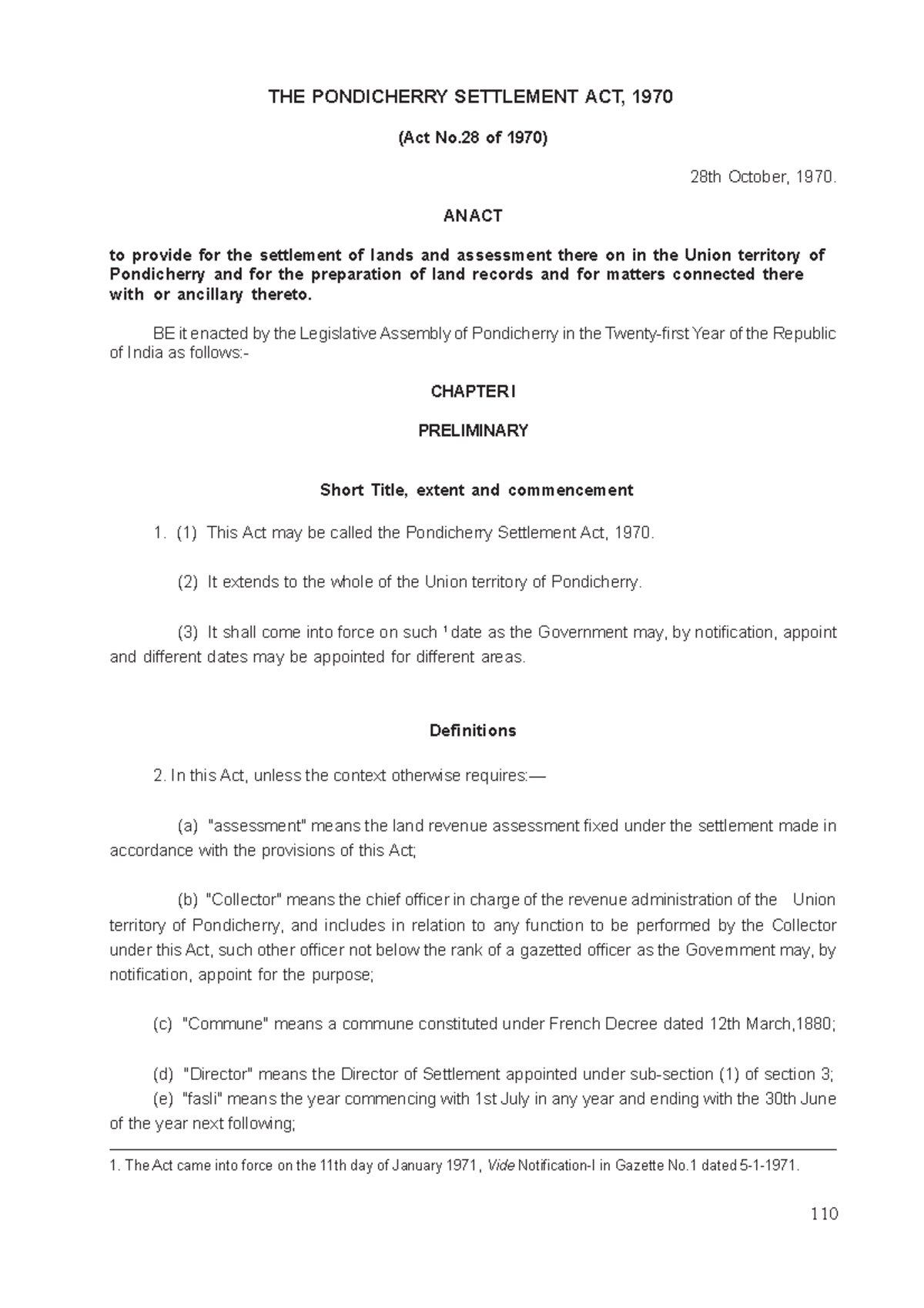 THE Pondicherry Settlement ACT, 1970 Law and Economics Studocu