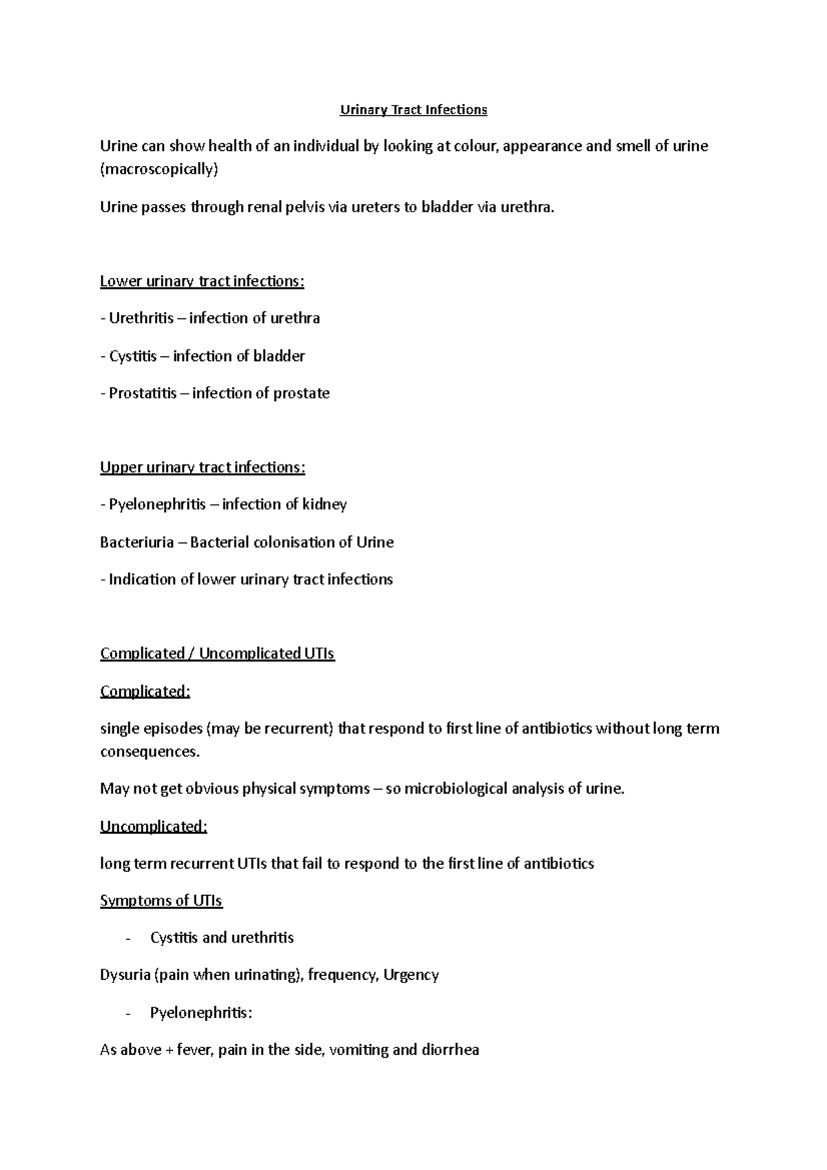 I - UTIs - Lecture notes 2 - Urinary Tract Infections Urine can show ...