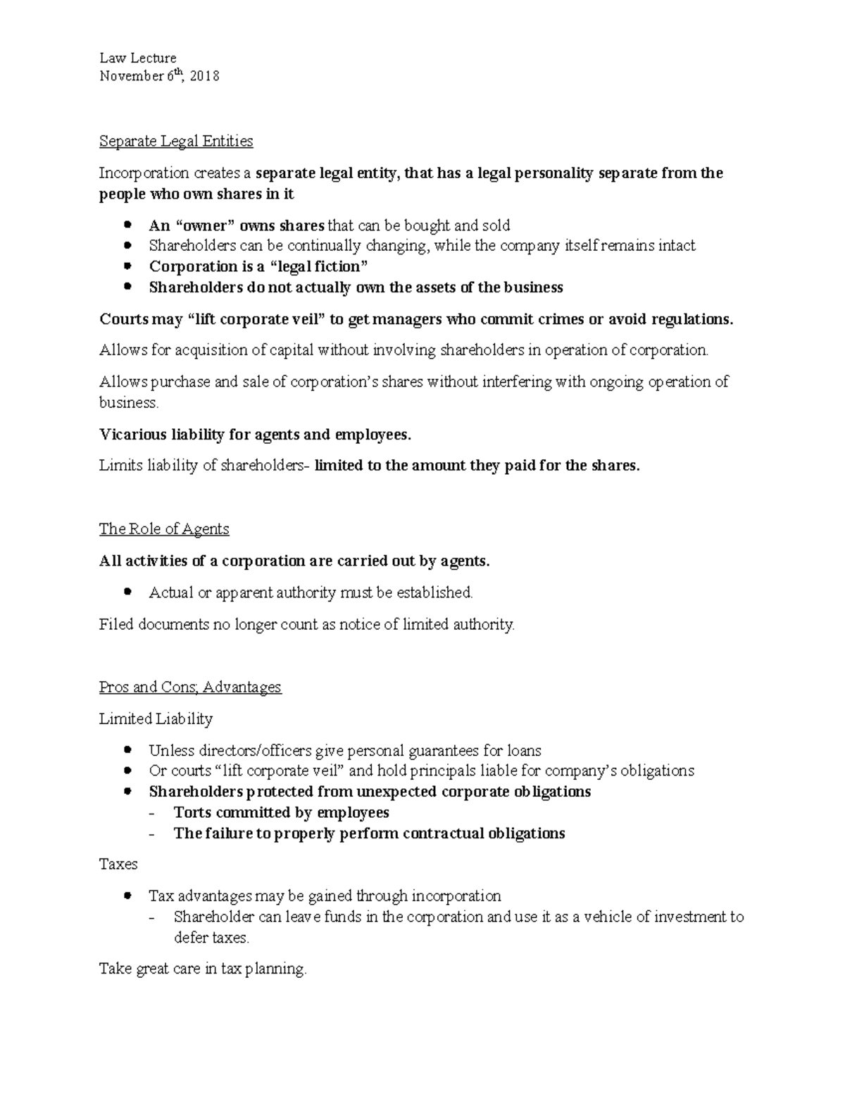 LAW Lecture November 6 8 November 6th, 2018 Separate Legal Entities