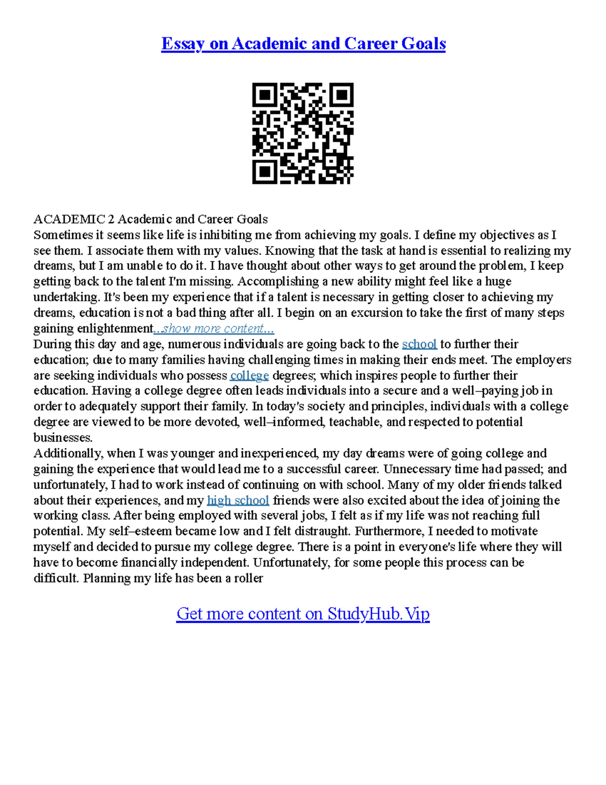 Essay On Career Goals Essay on Academic and Career Goals ACADEMIC 2