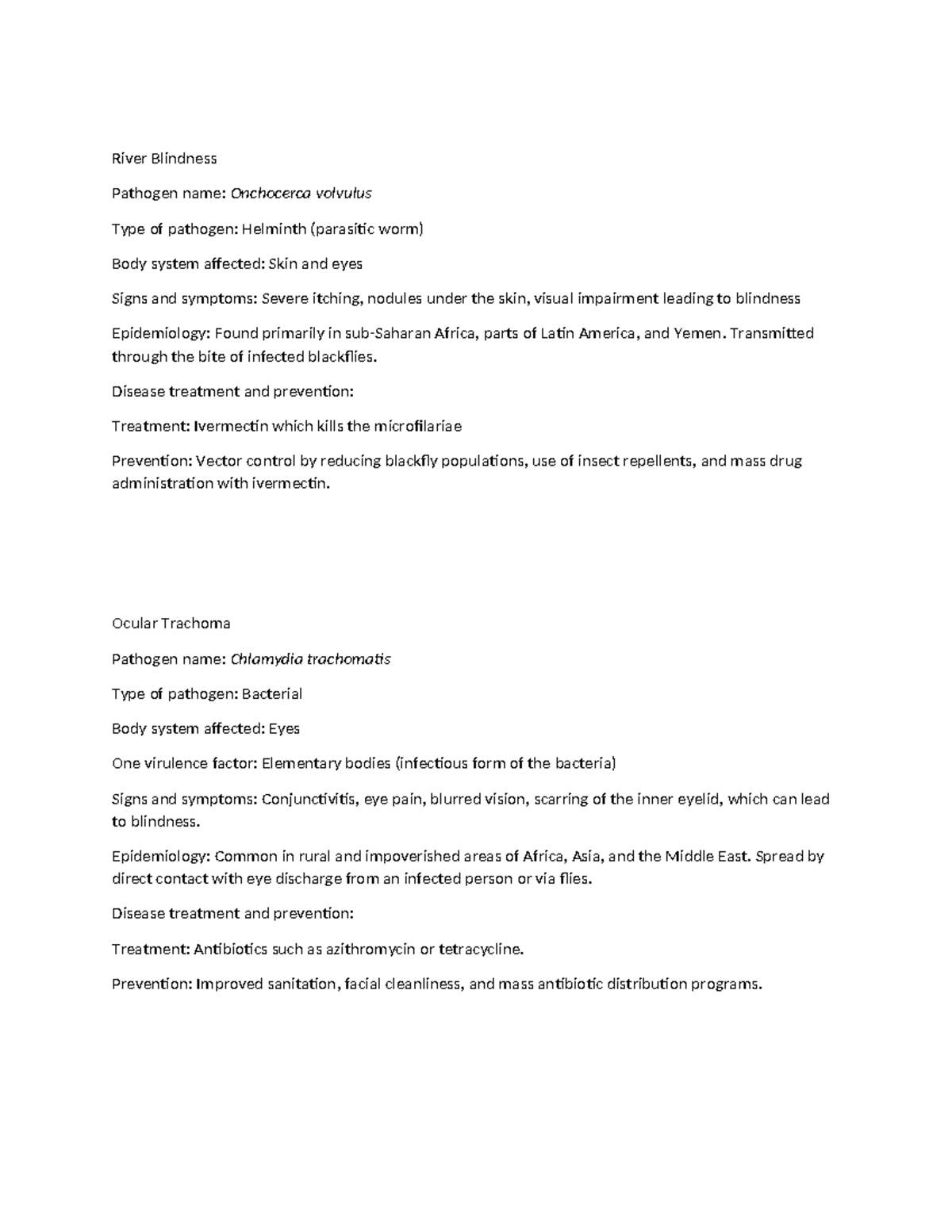 Week 6 pathogens word - River Blindness Pathogen name: Onchocerca ...