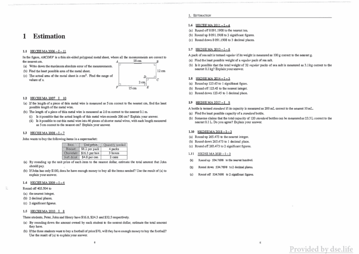 1 (Topic 1 Estimation) - Long questions - 1. ESTIMATION 1 HKCEE MA (a ...