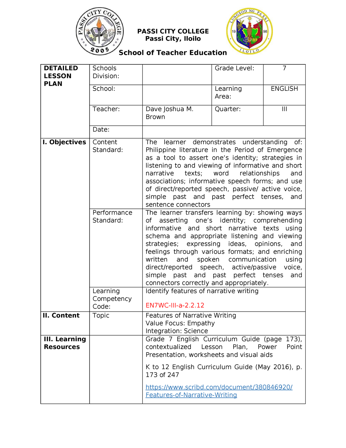 Wawa Lesson Plan Repaired - Passi City, Iloilo School of Teacher ...