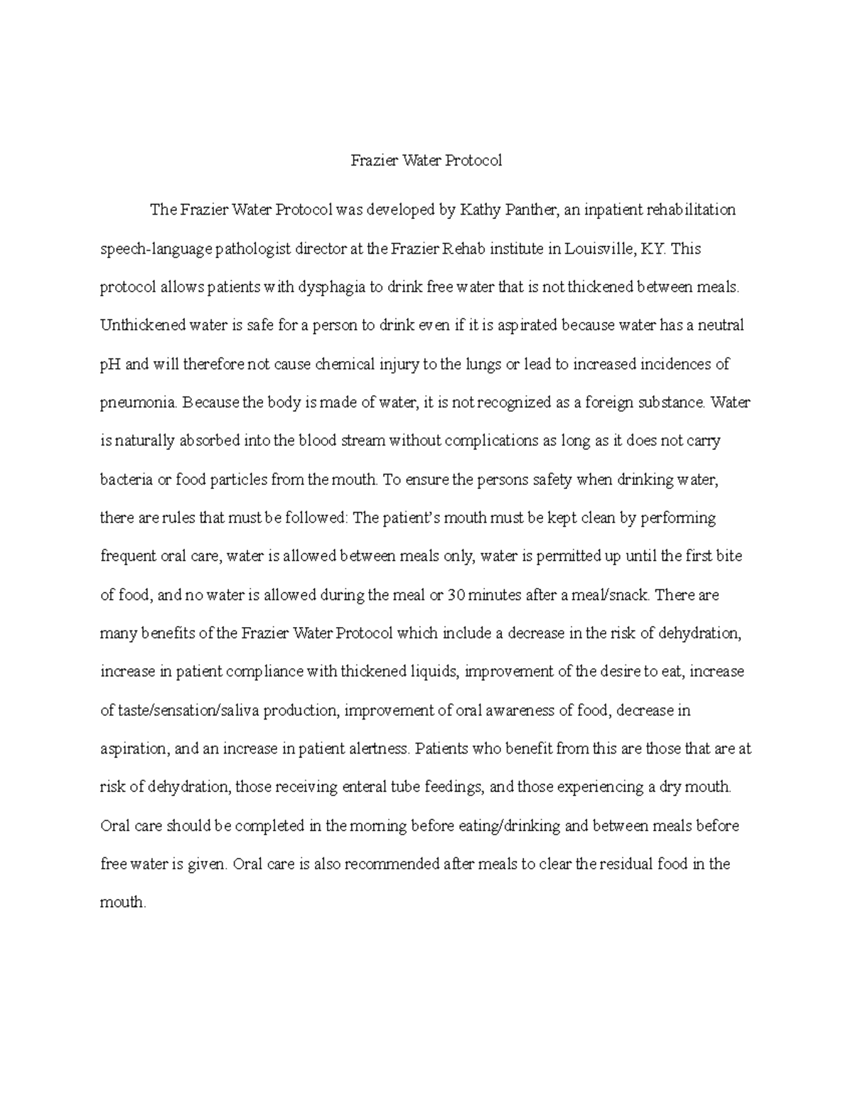 Assignment Dysphagia Project Frazier Summary - Frazier Water Protocol ...