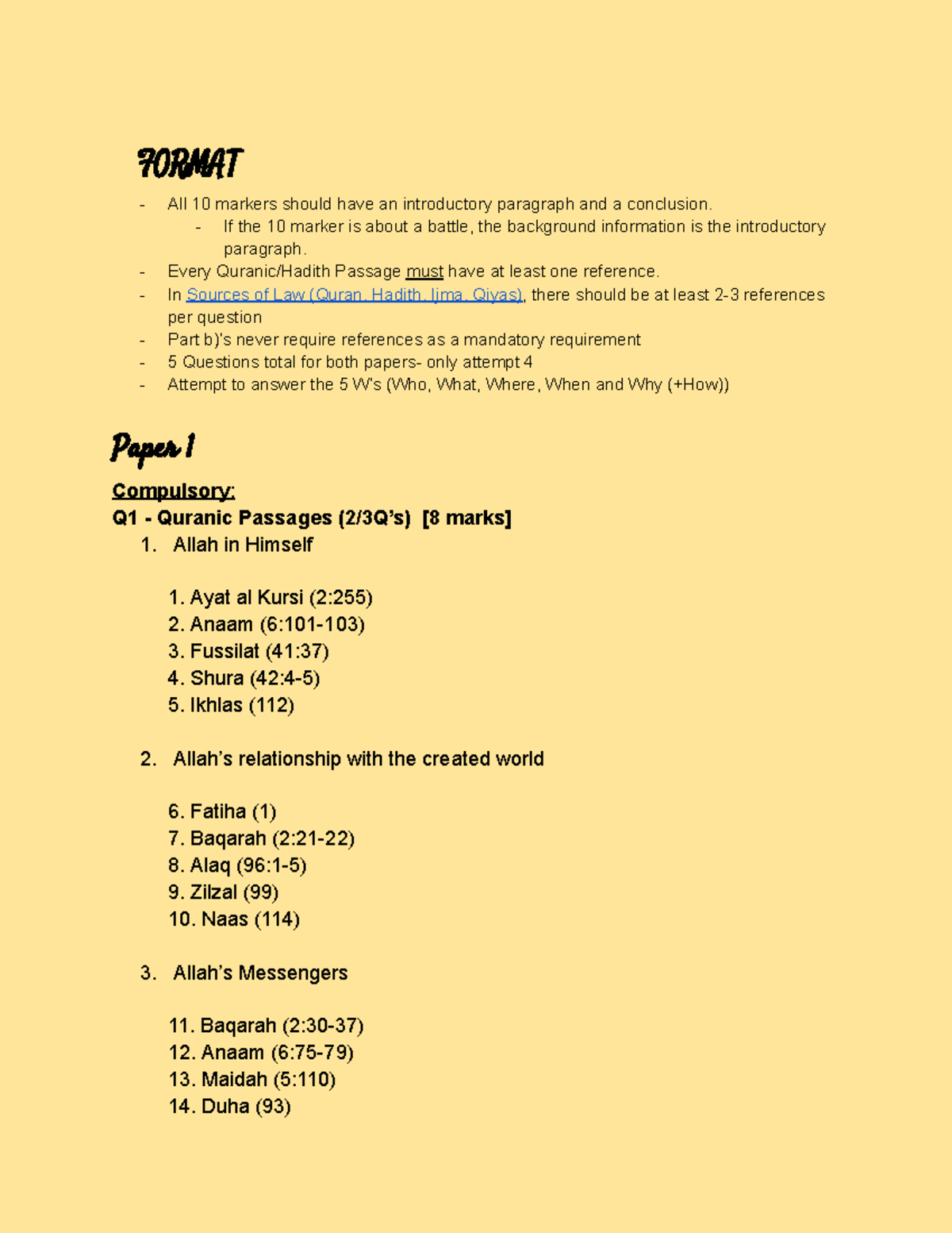 Islamiyat Format and Syllabus - FORMAT All 10 markers should have an ...