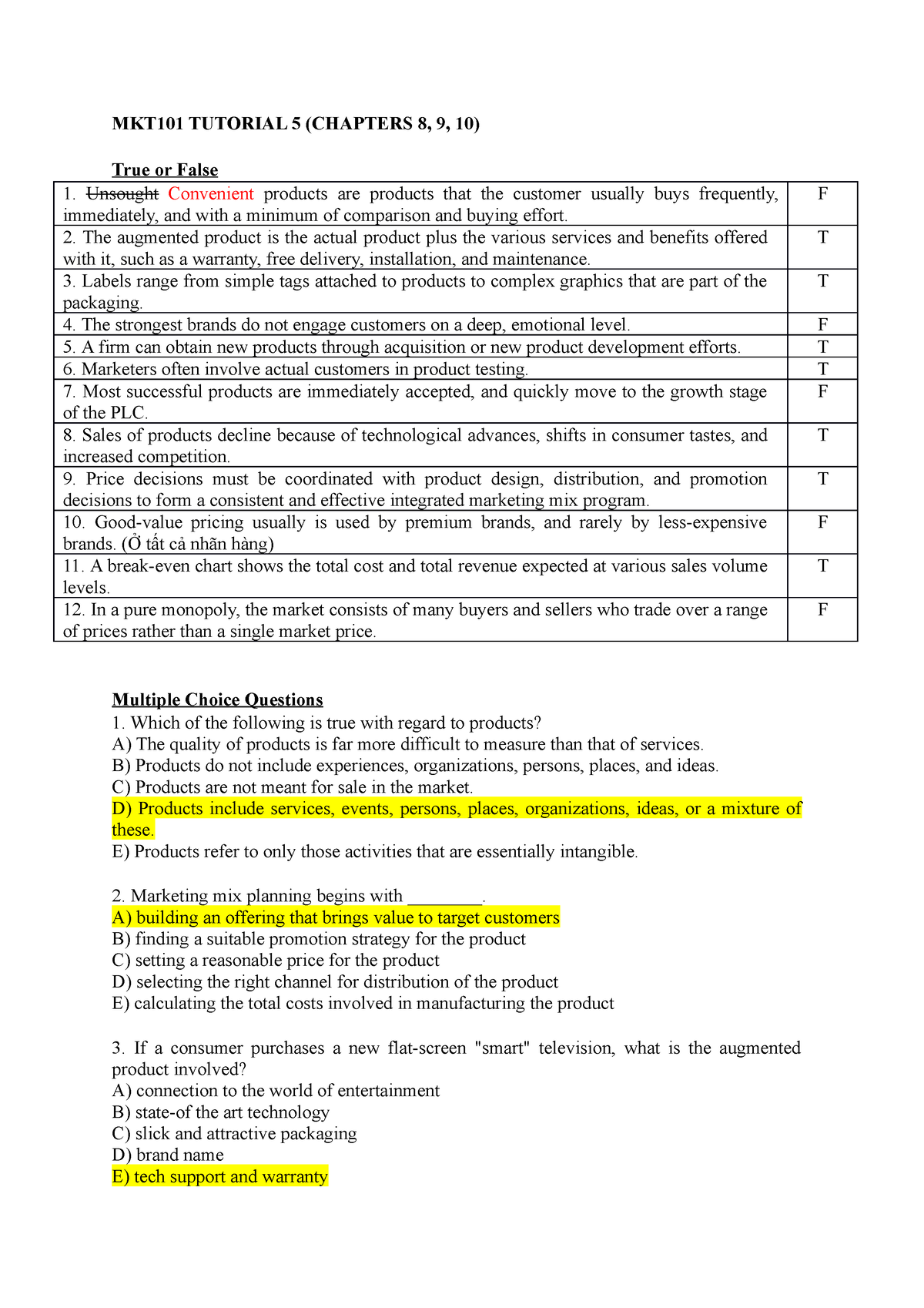 MKT101 Tutorial 5 ( Chaps 8, 9, 10) - MKT101 TUTORIAL 5 (CHAPTERS 8, 9 ...