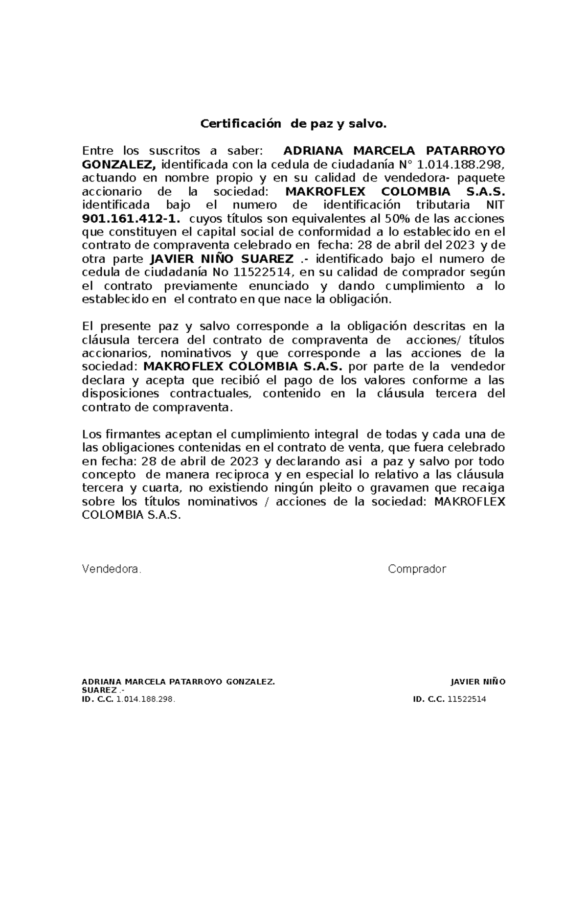 PAZ Y Salvo Javier - DERECHO CIVIL - Certificación de paz y salvo ...