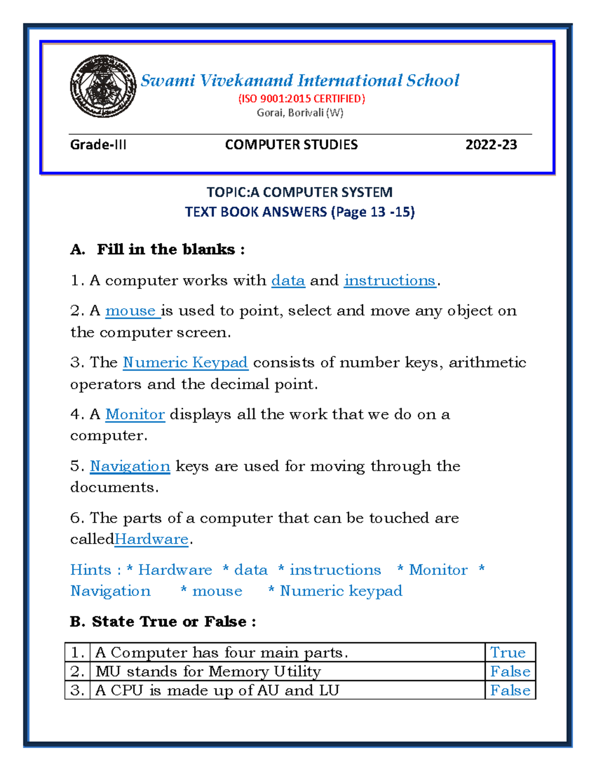 Grade III - Computer Studies - SEM I - A Computer System -TEXT BOOK ...