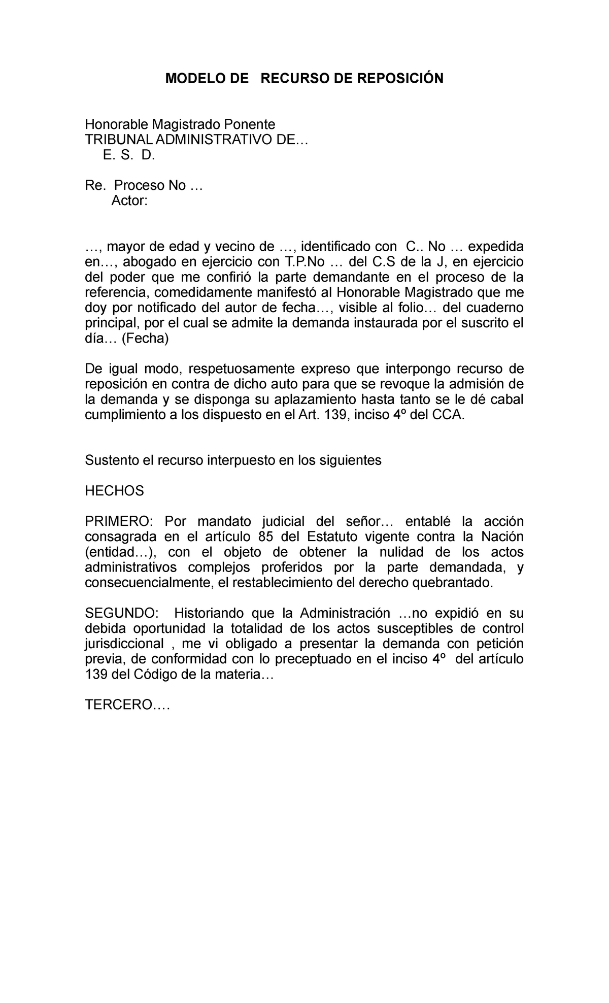 Modelo DE Recurso DE Reposición - MODELO DE RECURSO DE REPOSICIÓN Honorable  Magistrado Ponente - Studocu