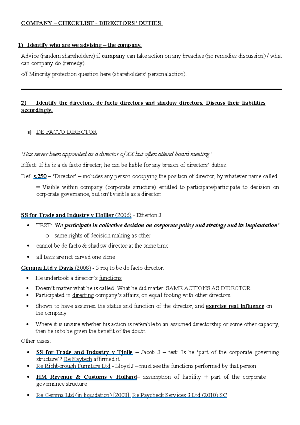 Directors Duties Exam Question COMPANY CHECKLIST DIRECTORS 