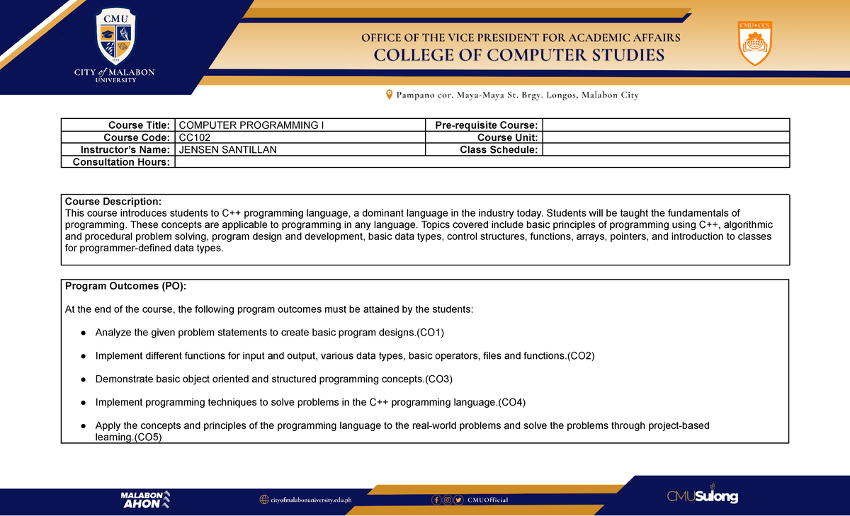 CC102 - okay this lecture - Course Title: COMPUTER PROGRAMMING I Pre ...